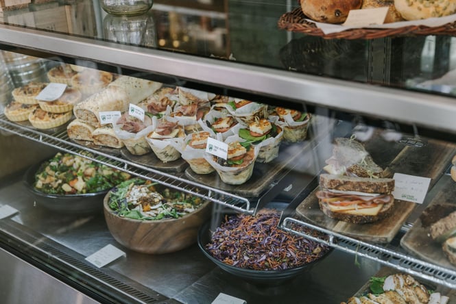Big bowls of salad, pies, sausage rolls and frittatas in Park Ranger's cabinet