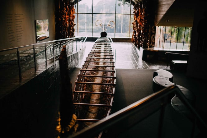The waka inside Waikato Museum.