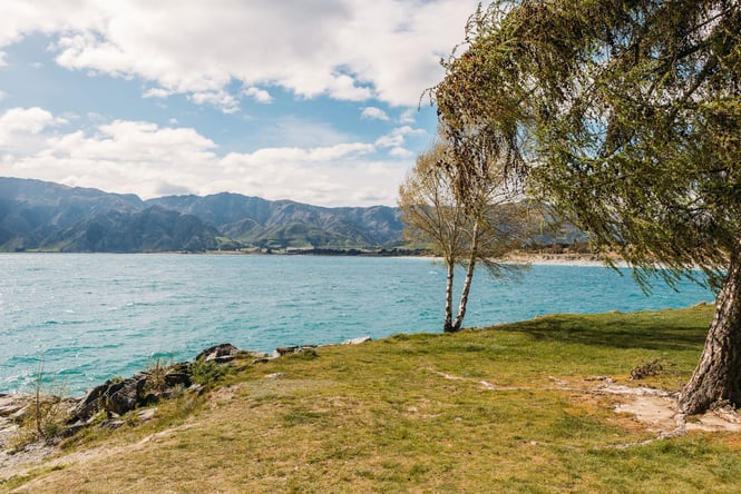 View of bright blue lake in Wanaka