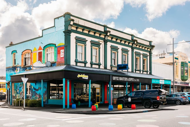 Colourful exterior of Sublime Coffee Roasters in Palmerston North