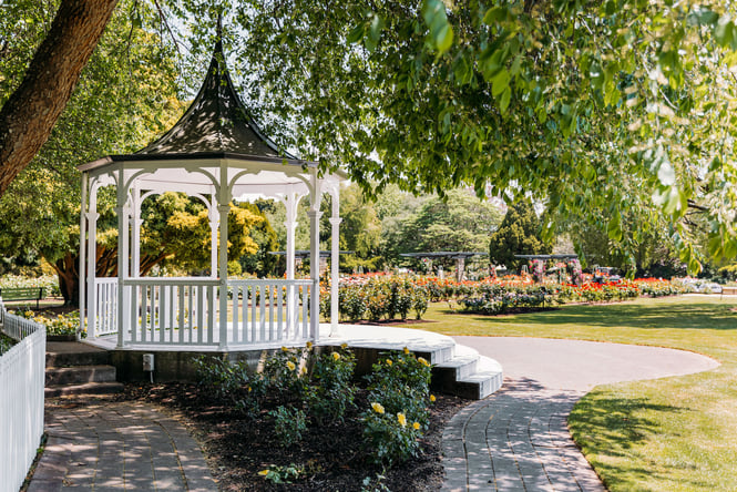 Gazebo and rose gardens at Victoria Esplanade in Palmerston North
