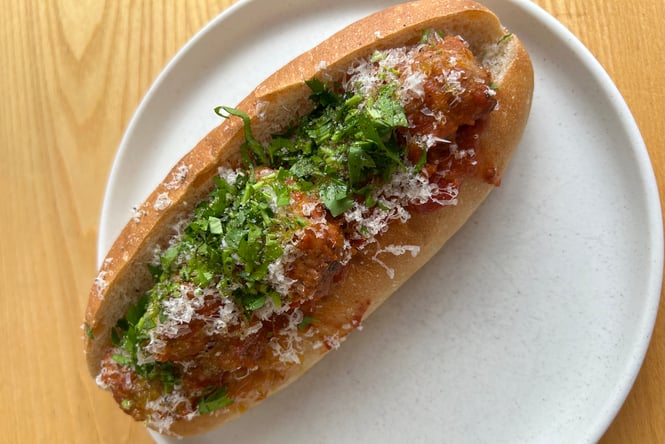 Close up of meatball sub from Estelle in Christchurch