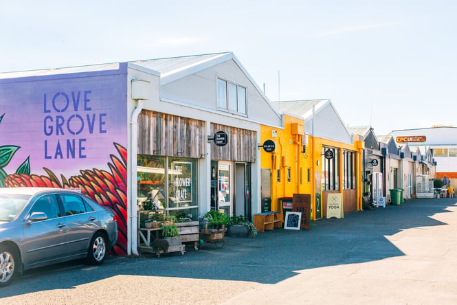View looking down Lovegrove Lane in Hamilton with colourful street art and bright buildings
