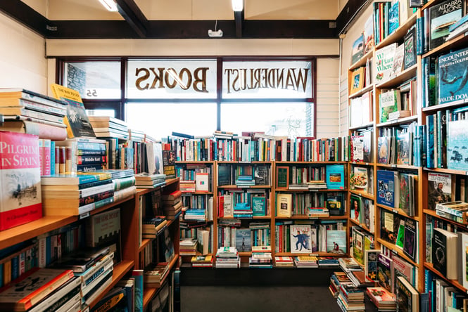 Bookshelves with the front window in the background.