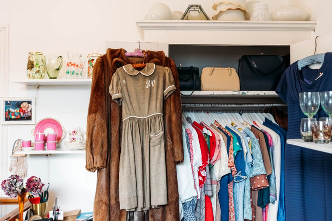 Clothes on display inside a Gisborne vintage store.