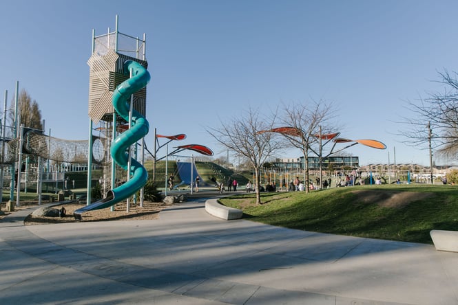 Big play structures at Margaret Mahy Playground.