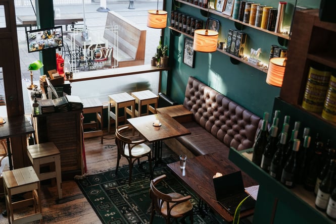 Looking down at The Last Word's indoor seating area on the first floor