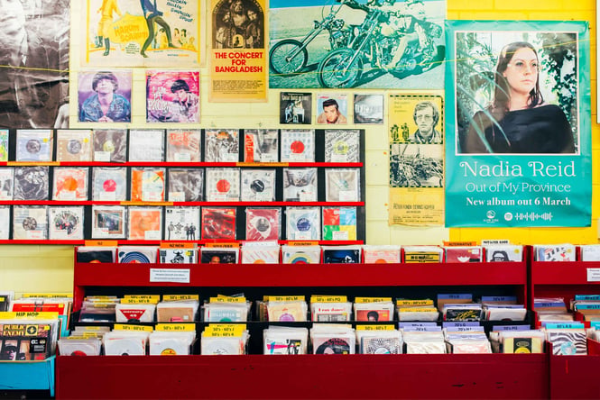 Records and posters on display inside Slow Boat Records in Wellington.
