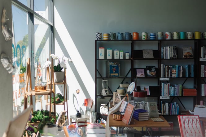 Sun streaming in to Cook the Books in Auckland.