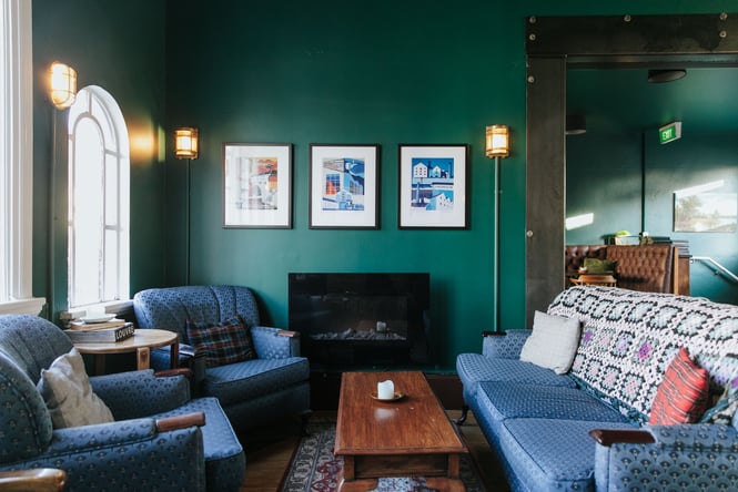 The green and blue interior of The Last Word in Christchurch.