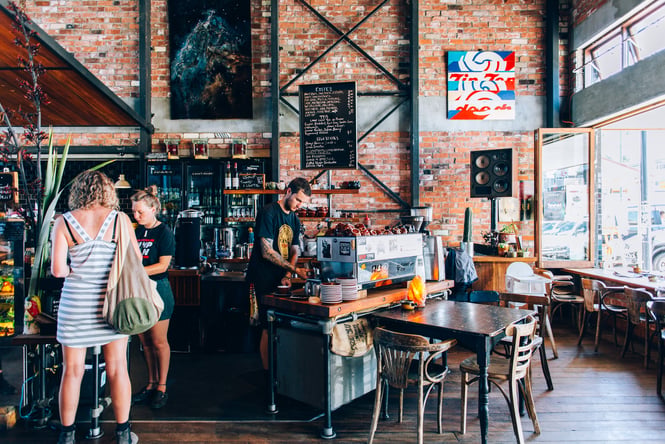 A bright and colourful cafe space.