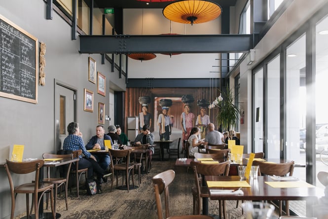 The bright open interior of Rangoon Ruby in Christchurch.