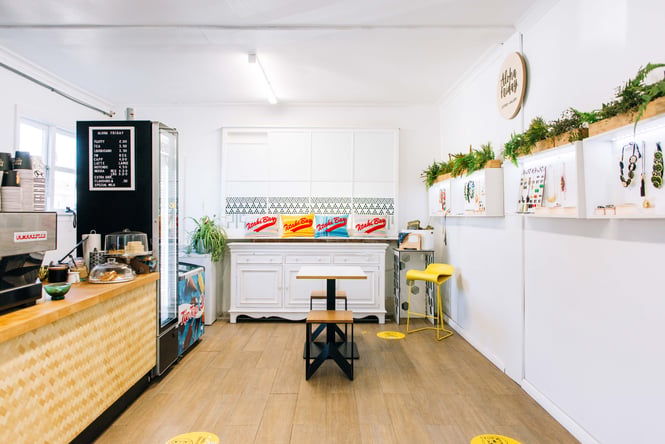 Cafe interior and front counter at Aloha Friday.