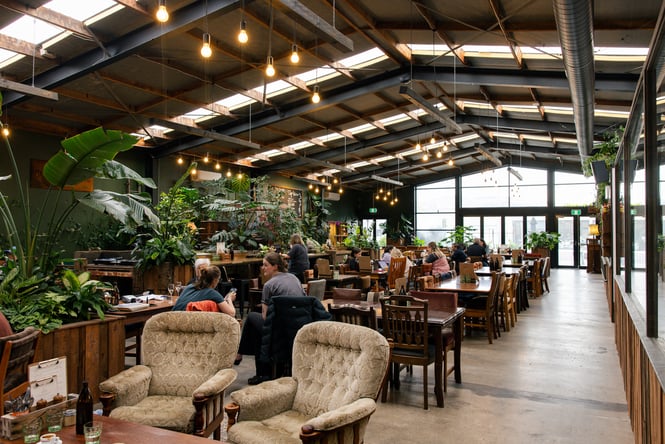 Expansive dining space at Scoundrel with people sitting on eclectic mismatched furniture surrounded by plants