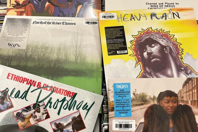 Close up of hip-hop records from Flying Out.