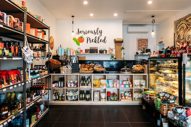 Products on the shelf at Seriously Pickled.