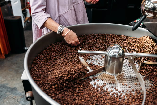 Coffee beans roasting process at The Roastery.