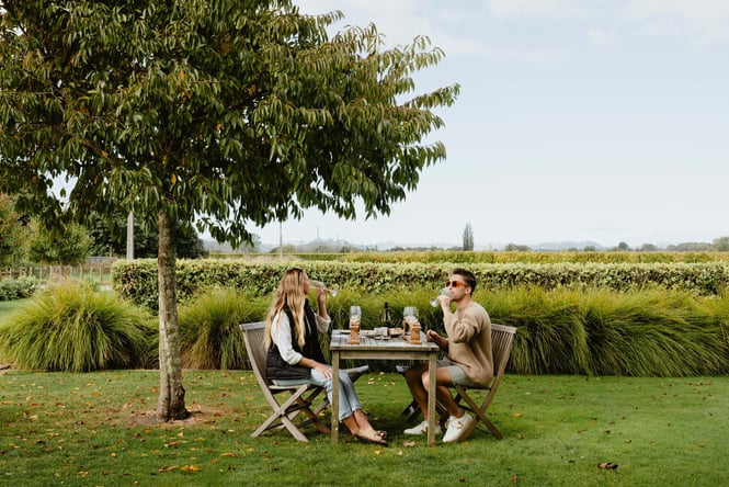 Two people dining on grass.