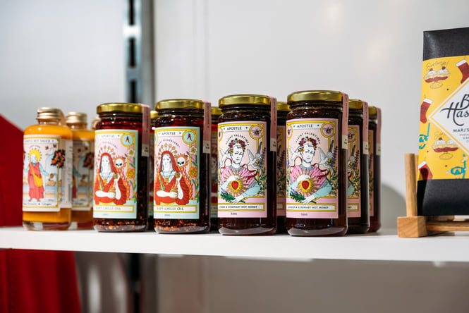 Bottles of Apostle Hot Sauce.