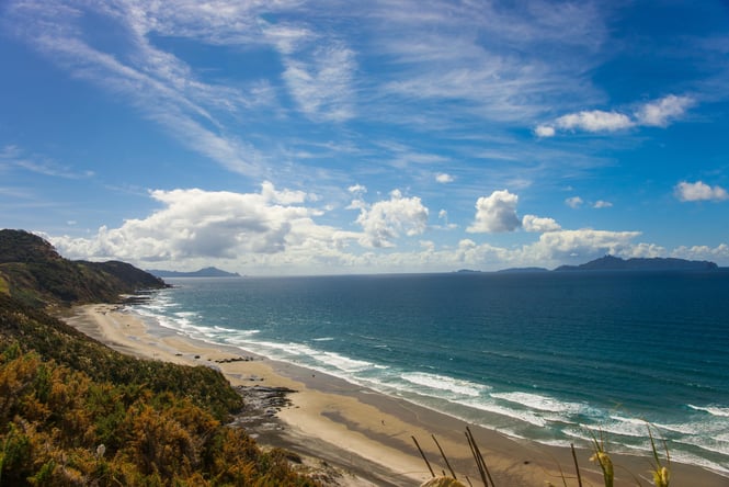 A view of Mangawhai beach on a sunny day.
