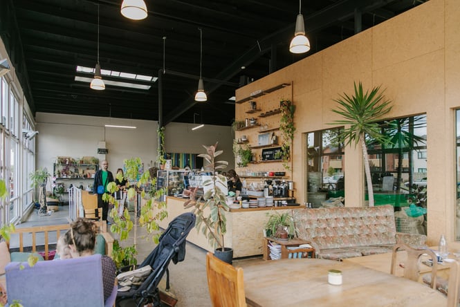 The inside of the light and bright Prima Roastery in Christchurch.