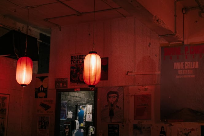 Red light inside The Wine Cellar and Whammy Bar.