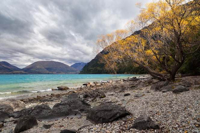 The blue water of Bob's Cove on an overcast day.