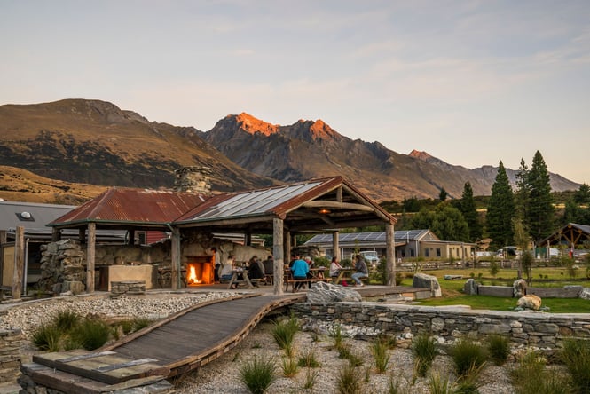 A beautiful lodge at sunset.