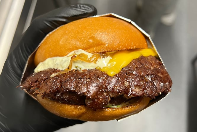 Someone holding a freshly cooked burger up to the camera for a close up photo.