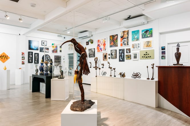 Various pieces of art on display Zimmerman art gallery.