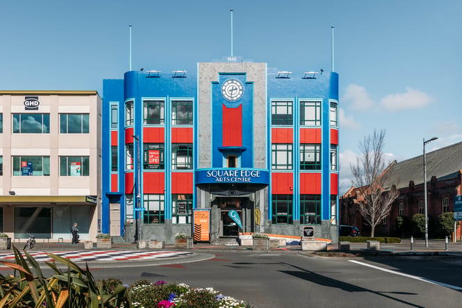 The blue and red building of the Square Edge Art Gallery.
