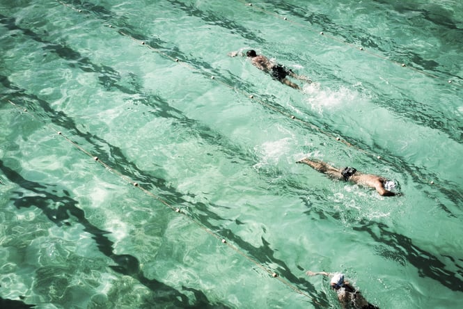 Fiona Smallwood Three people swimming in an outdoor pool by Fiona Smallwood.