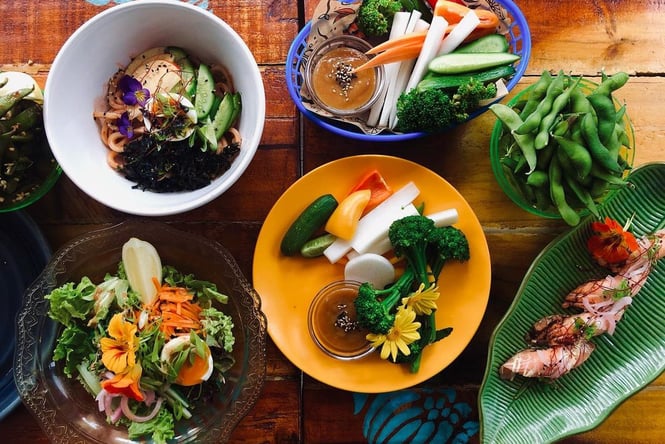 A flat lay of fresh food on a table.