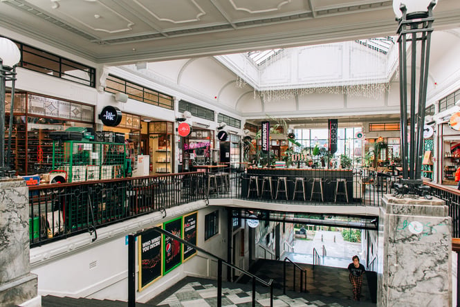 Interior overview of St Kevins Arcade on Karangahape Road in Auckland
