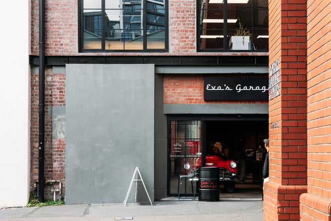 Laneway view of Eva's Garage.