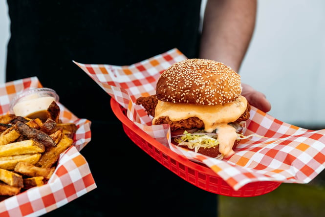 Burgers and fries being served at Manakau Market.