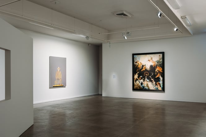 Works of art on display on white walls inside The Dowse Art Museum.
