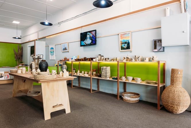 Rows of pottery on display at Silenzio Pottery in Ōamaru.