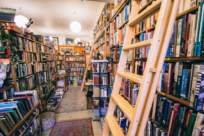 Rows of books on display.