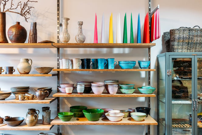 Colourful rows of ceramics on display in Vessel.
