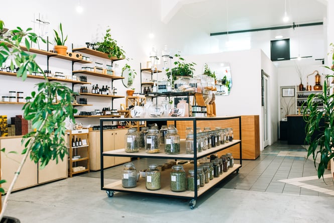 Rows of products at Wellington Apothecary.