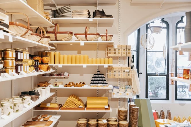 Shelves on the wall at Fances Nation filed with homewares goods.