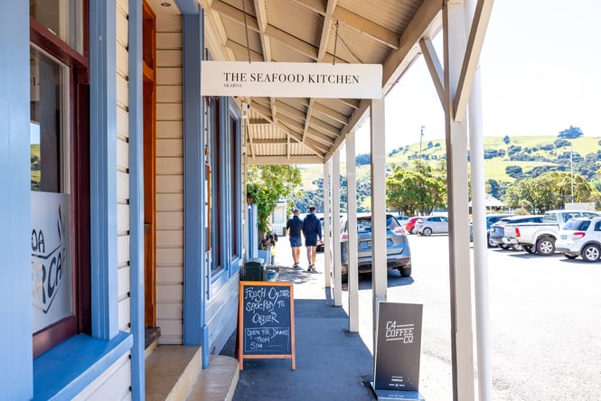 The Seafood Kitchen sign outside the restaurant in Akaroa