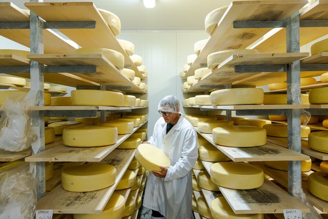 Inside the cheese storage room of Barrys Bay Cheese