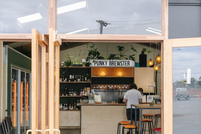 Looking into through the doors at the bar at Punky Brewster, Christchurch.