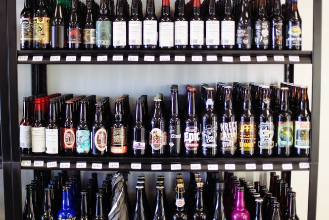 Bottles of beer on shelves at The Beer Library, Christchurch.