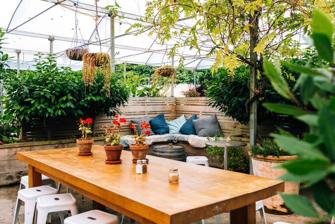 A cosy corner with cushions in the outdoor seating area at Backyard Cafe.