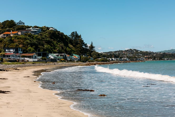 Waves lap the shoreline at Karehana Bay.