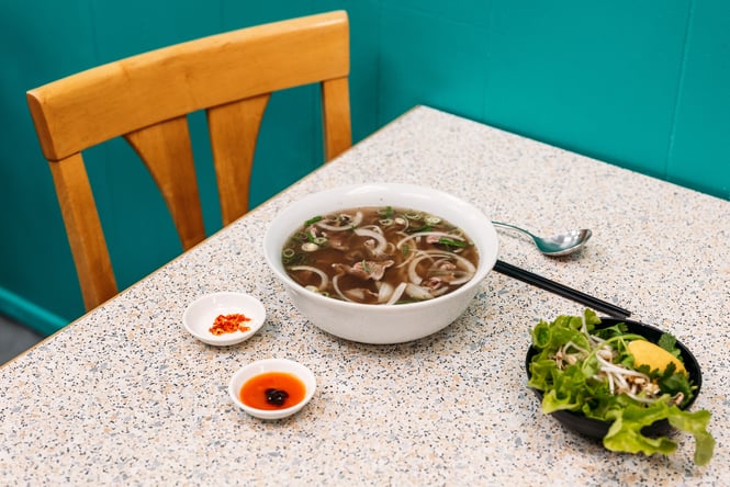 Bowl of pho on the table at Fisherman's Plate Seafood.