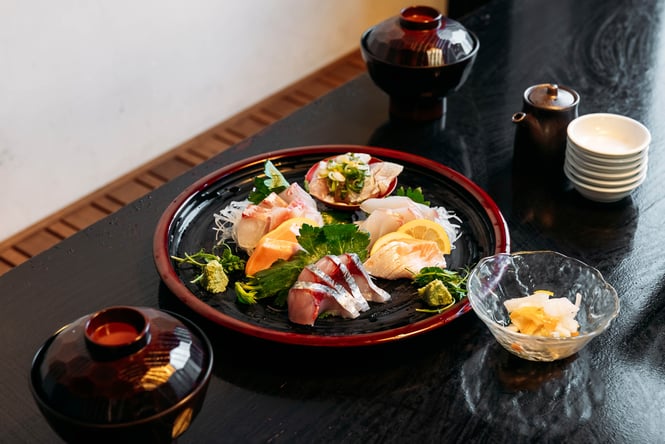 A plate of Japanese food.